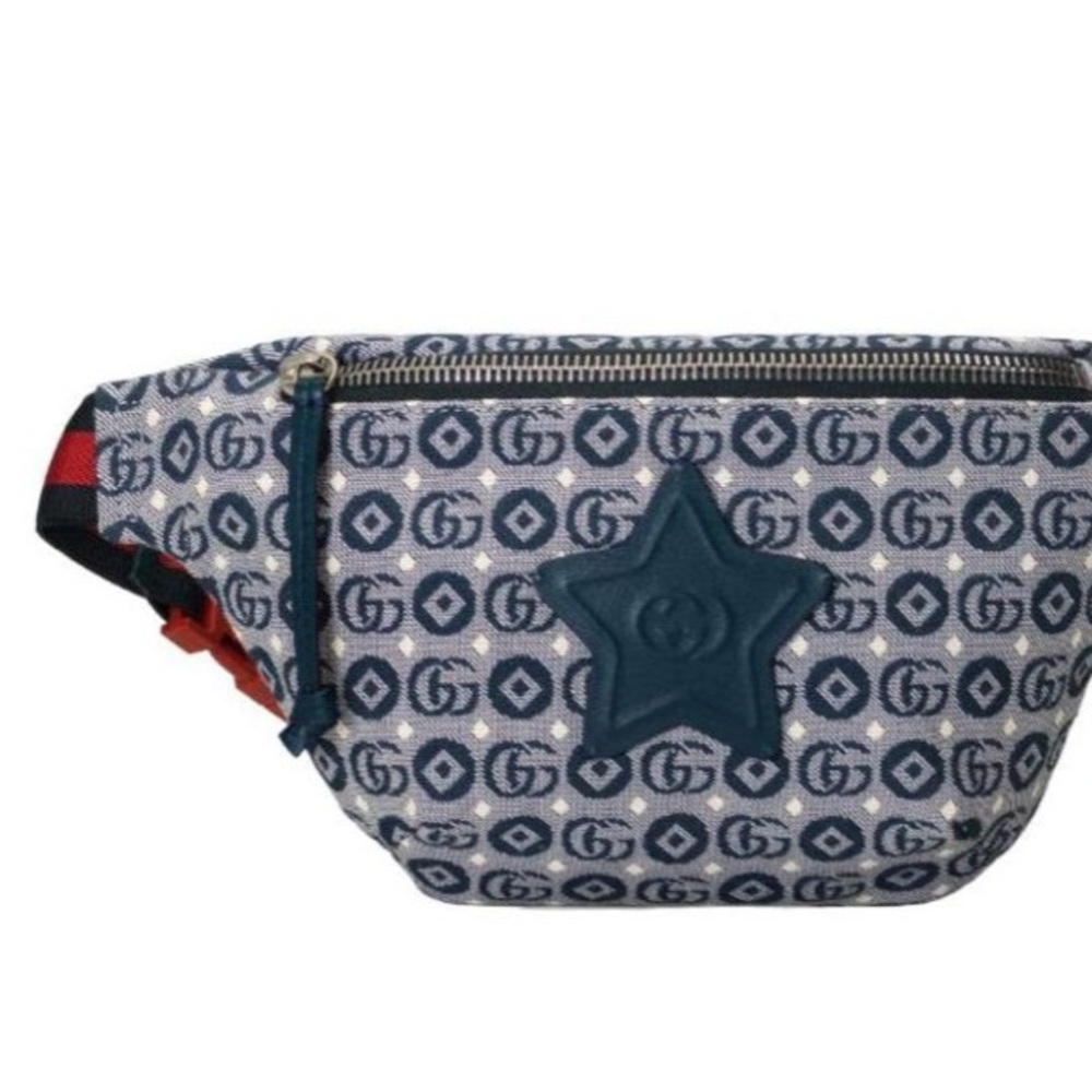 Gucci Blue Monogram Star Belt Bag with Red Accent